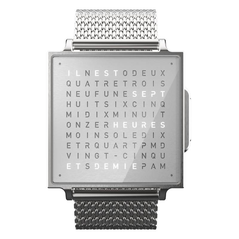 Montre Qlocktwo W Fine Steel en français, anglais ou allemand - Qlocktwo