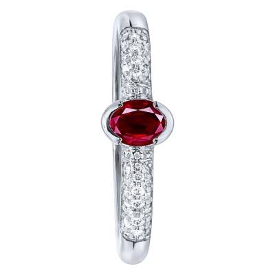 Bague Solitaire Accompagné Rubis Semi-Clos & Diamants 0,18 ct en Or Blanc 750, Taille 53 - Ocarat