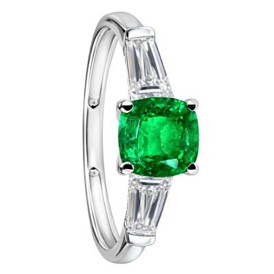 Bague Solitaire Épaulé, Émeraude de Synthèse & Diamants de Synthèse 0,50 ct, en Or Blanc 750, Taille 54 - Ocarat