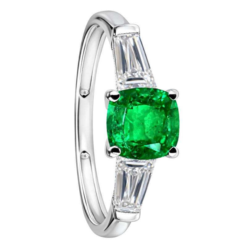 Bague Solitaire Épaulé, Émeraude de Synthèse & Diamants de Synthèse 0,50 ct, en Or Blanc 750, Taille 54 - Ocarat