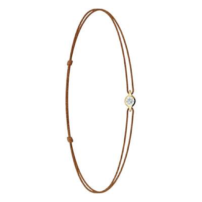 750/1000 Yellow Gold Brown Cord Bracelet with Lab-Grown Diamond 0,11 ct, Adjustable Length - Ocarat