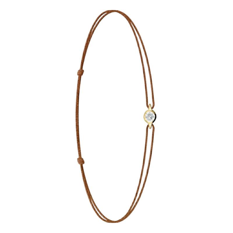 750/1000 Yellow Gold Brown Cord Bracelet with Lab-Grown Diamond 0,11 ct, Adjustable Length - Ocarat