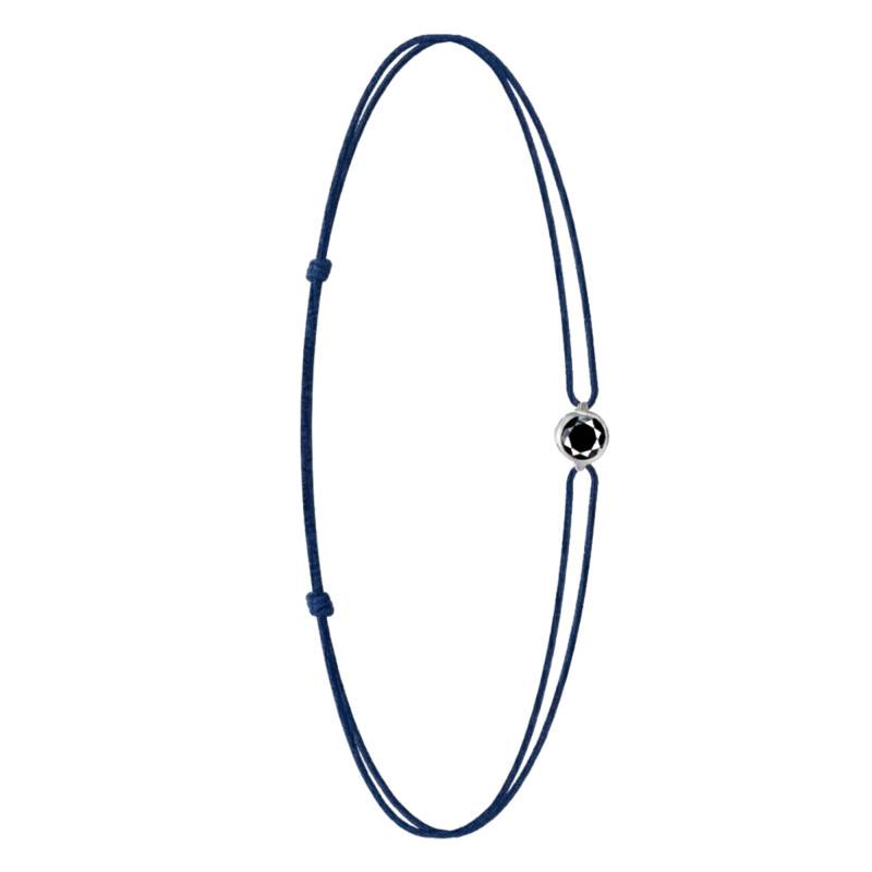 750/1000 White Gold Navy Blue Cord Bracelet, Black Diamond 0,15 ct, Adjustable Length - Ocarat