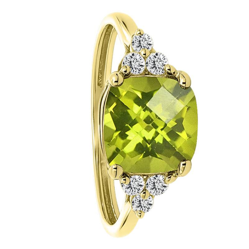 750/1000 Yellow Gold Cushion Peridot & Lab-Grown Diamond 0.10 ct Shouldered Solitaire Ring, Size 54 - Ocarat
