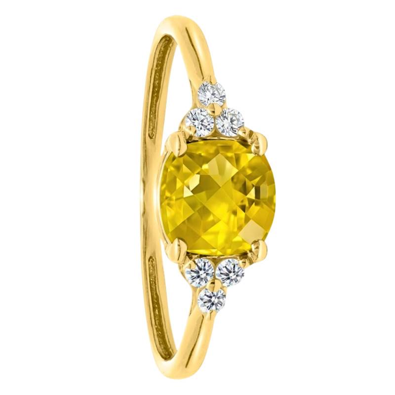 750/1000 Yellow Gold Cushion Lemon Quartz & 0.10 ct Lab-Grown Diamond Shouldered Solitaire Ring Size 54 - Ocarat