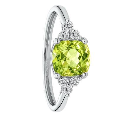 Bague Solitaire Epaulé Péridot & Diamants de Synthèse 0,10 ct en Or Blanc 750, Taille 54 - Ocarat