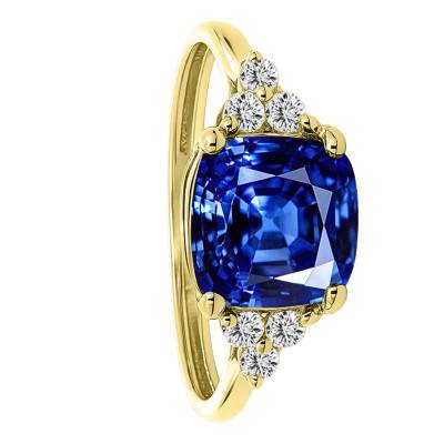 750/1000 Yellow Gold Cushion Lab-Grown Sapphire & Lab-Grown Diamond 0.10 ct Shouldered Solitaire Ring, Size 53 - Ocarat