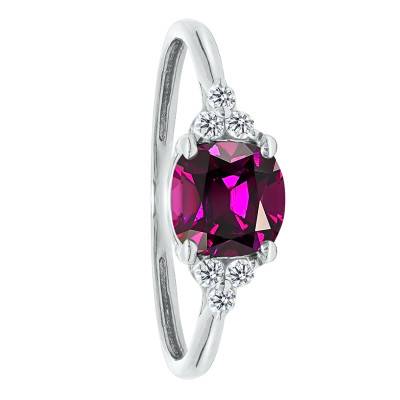 Bague Solitaire Épaulé Rhodolite & Diamants de Synthèse 0,10 ct en Or Blanc 750, Taille 54 - Ocarat