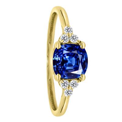 Bague Solitaire Épaulé Saphir de Synthèse & Diamants de Synthèse 0,10 ct en Or Jaune 750, Taille 54 - Ocarat