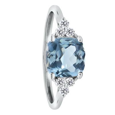 750/1000 White Gold Cushion Blue Topaz & Lab-Grown Diamond 0.10 ct Shouldered Solitaire Ring, Size 54 - Ocarat