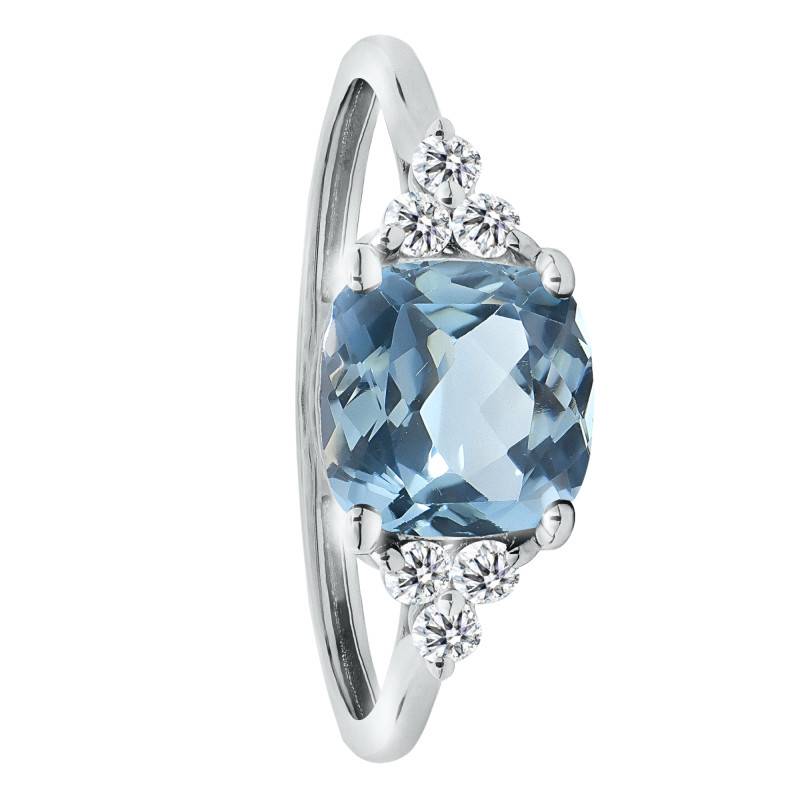 750/1000 White Gold Cushion Blue Topaz & Lab-Grown Diamond 0.10 ct Shouldered Solitaire Ring, Size 54 - Ocarat
