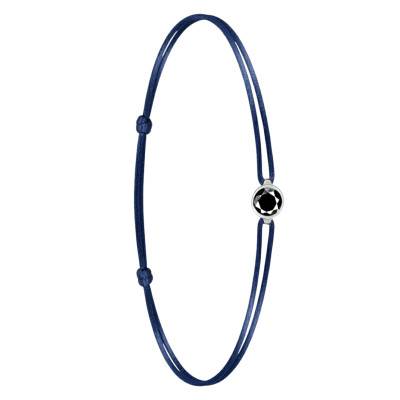 Navy Blue Cord Bracelet, 750 White Gold Black Diamond 0,20 ct, Adjustable Length - Ocarat