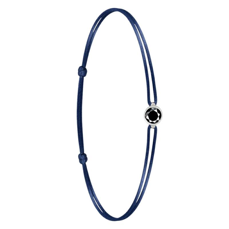 Navy Blue Cord Bracelet, 750 White Gold Black Diamond 0,20 ct, Adjustable Length - Ocarat