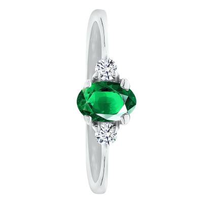 Bague Solitaire Épaulé Émeraude & Diamants de Synthèse 0,10 ct en Or Blanc 750, Taille 54 - Ocarat