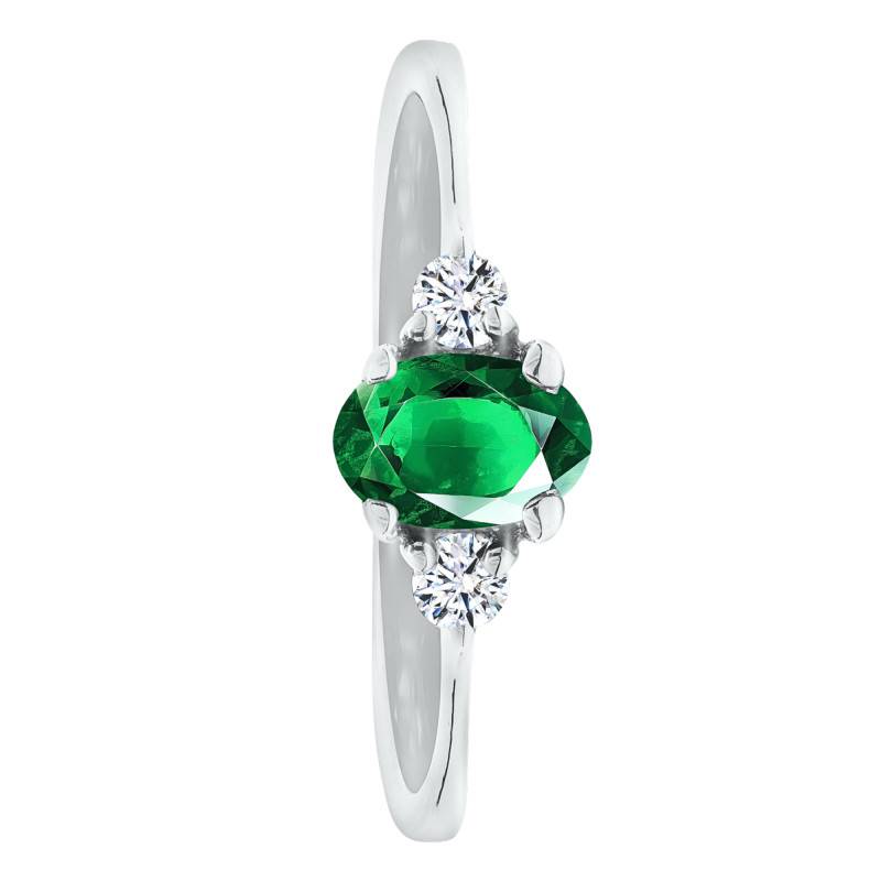 Bague Solitaire Épaulé Émeraude & Diamants de Synthèse 0,10 ct en Or Blanc 750, Taille 54 - Ocarat