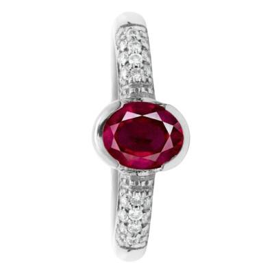 Bague Solitaire Accompagné Rubis Semi-Clos & Diamants 0,18 ct en Or Blanc 750, Taille 54 - Ocarat