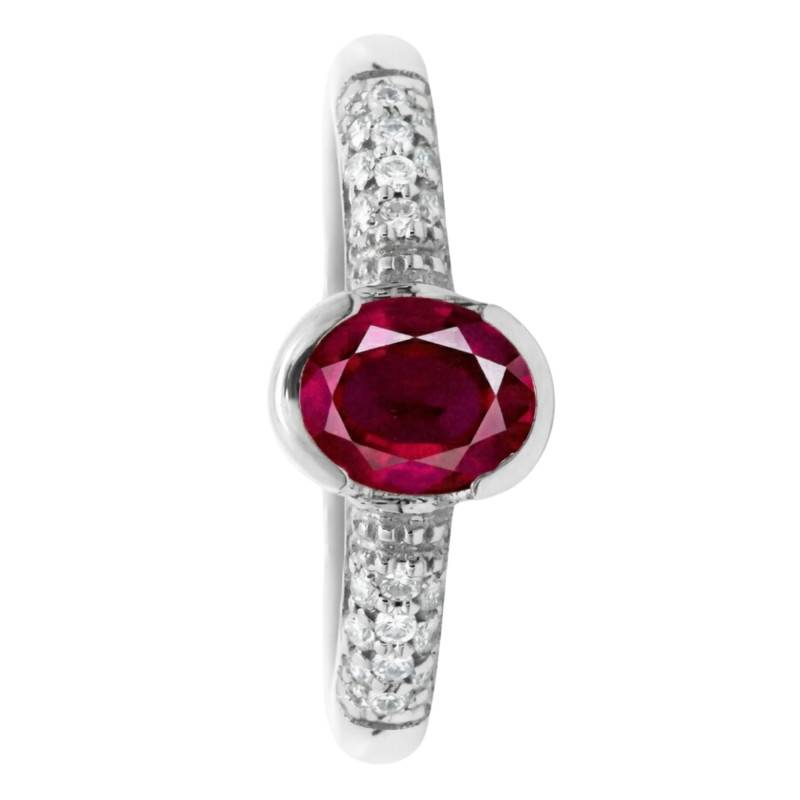 Bague Solitaire Accompagné Rubis Semi-Clos & Diamants 0,18 ct en Or Blanc 750, Taille 54 - Ocarat