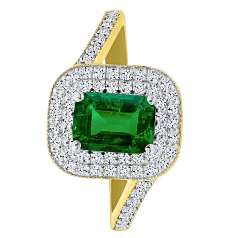 Bague Solitaire Accompagné Émeraude de Synthèse & Diamants de Synthèse 0,45 ct en 2 Ors 750, Taille 54 - Ocarat