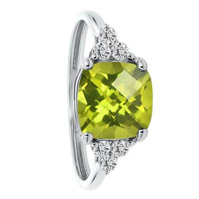 Bague Solitaire Épaulé Péridot 7x7mm & Diamants de Synthèse 0,10 ct en Or Blanc 750, Taille 54 - Ocarat