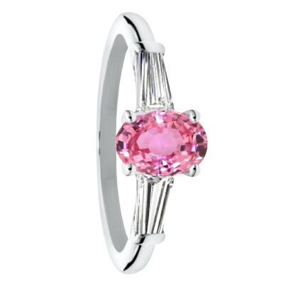 Bague Solitaire Épaulé Saphir Padpardsha Rose & Diamants de Synthèse 0,52 ct en Or Blanc 750, Taille 53 - Ocarat
