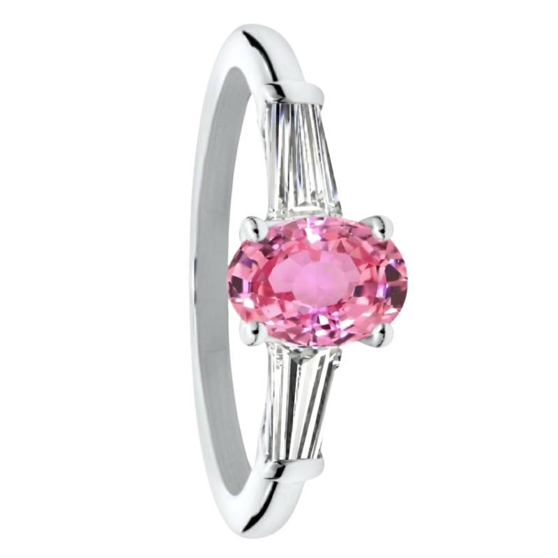 Bague Solitaire Épaulé Saphir Padpardsha Rose & Diamants de Synthèse 0,52 ct en Or Blanc 750, Taille 53 - Ocarat