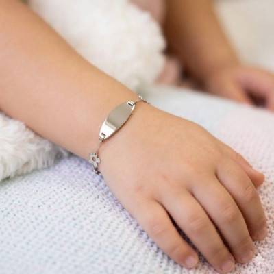 Gourmette Quatre Fleurs en Or Blanc 375, Longueur Ajustable 14 cm - Bambins