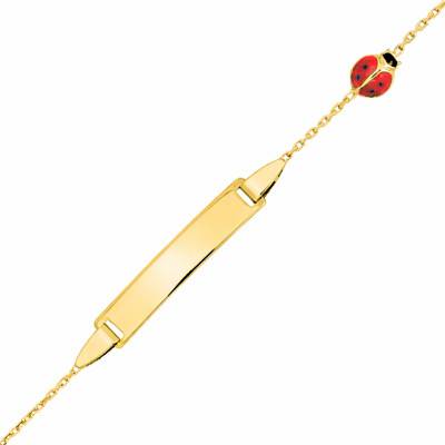 750/1000 Yellow Gold Rectangular Ladybug Baby ID Bracelet, Adjustable Length 14 cm - Bambins
