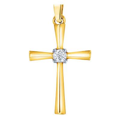 750/1000 Yellow Gold Solitaire Diamond 0.3 ct Cross Pendant - Juweel