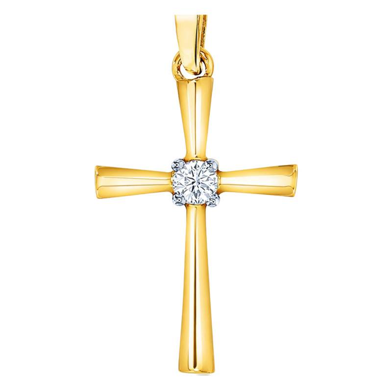 750/1000 Yellow Gold Solitaire Diamond 0.3 ct Cross Pendant - Juweel