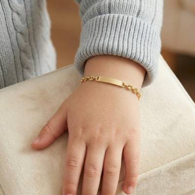 Yellow Gold 750 Coffee Bean Chain Baby ID Bracelet, Length 14 cm, Width 4 mm - Lucas Lucor