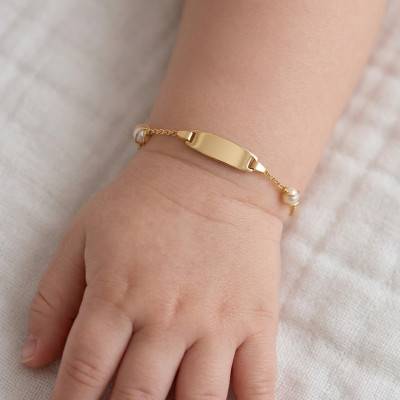9K Yellow Gold & Pearl Baby ID Bracelet, Length 12 cm to 14 cm or 14 cm to 16 cm - Rosatella