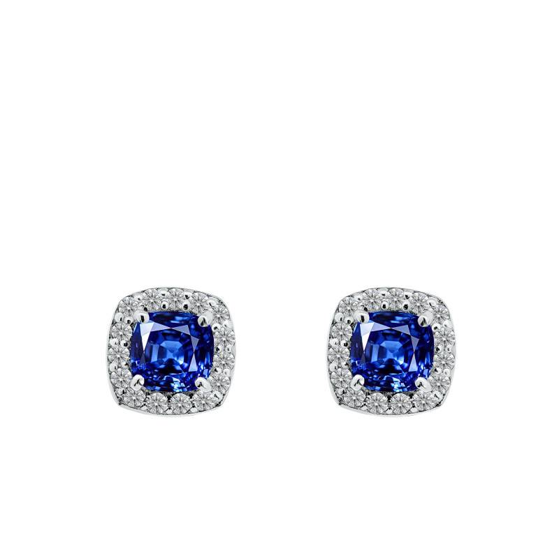 White 750/1000 Gold Cushion Lab-Grown Sapphire & Lab-Grown Diamond 0.30 ct Stud Earrings - Ocarat