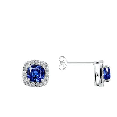Boucles d'Oreilles Coussin Saphir de Synthèse & Diamants de Synthèse 0,30 ct en Or Blanc 750 - Ocarat