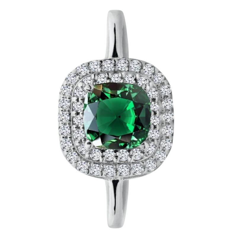 Bague Solitaire Accompagné Émeraude & Diamants de Synthèse 0,20 ct en Or Blanc 750, Taille 54 - Ocarat