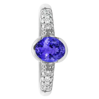 Bague Solitaire Accompagné Tanzanite Semi-Clos & Diamants 0,18 ct en Or Blanc 750, Taille 54 - Ocarat