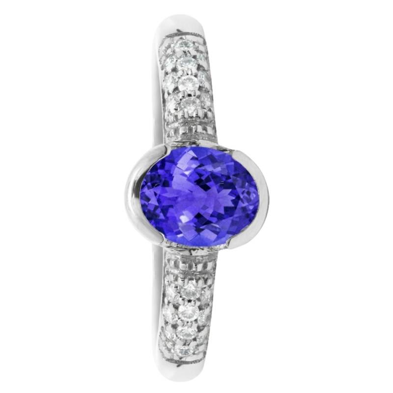 Bague Solitaire Accompagné Tanzanite Semi-Clos & Diamants 0,18 ct en Or Blanc 750, Taille 54 - Ocarat