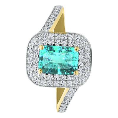 Bague Solitaire Accompagné Tourmaline Paraíba de Synthèse & Halo de Diamants de Synthèse 0,45 ct en 2 Ors 750, Taille 54 - Ocarat