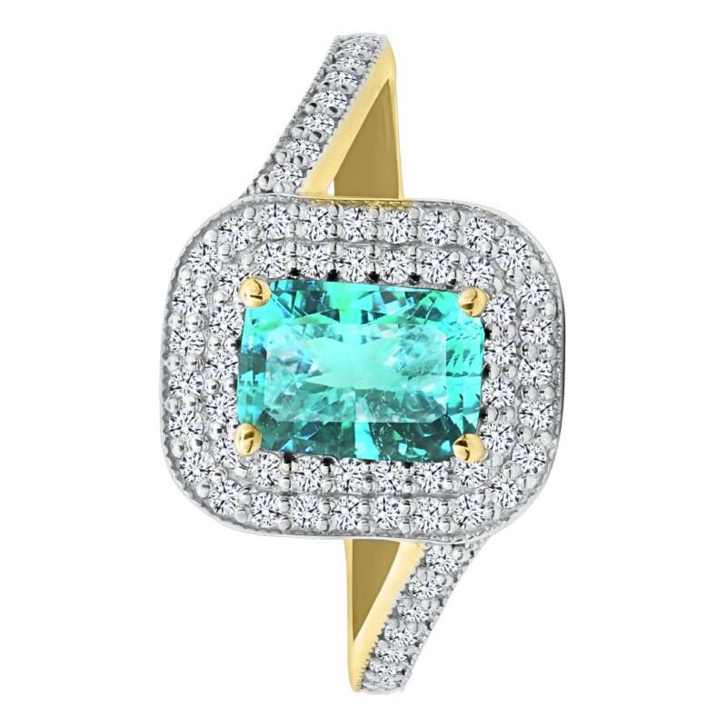 Bague Solitaire Accompagné Tourmaline Paraíba de Synthèse & Halo de Diamants de Synthèse 0,45 ct en 2 Ors 750, Taille 54 - Ocarat