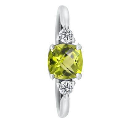 Bague Solitaire Épaulé Péridot & Diamants de Synthèse 0,14 ct en Or Blanc 750, Taille 53 - Ocarat