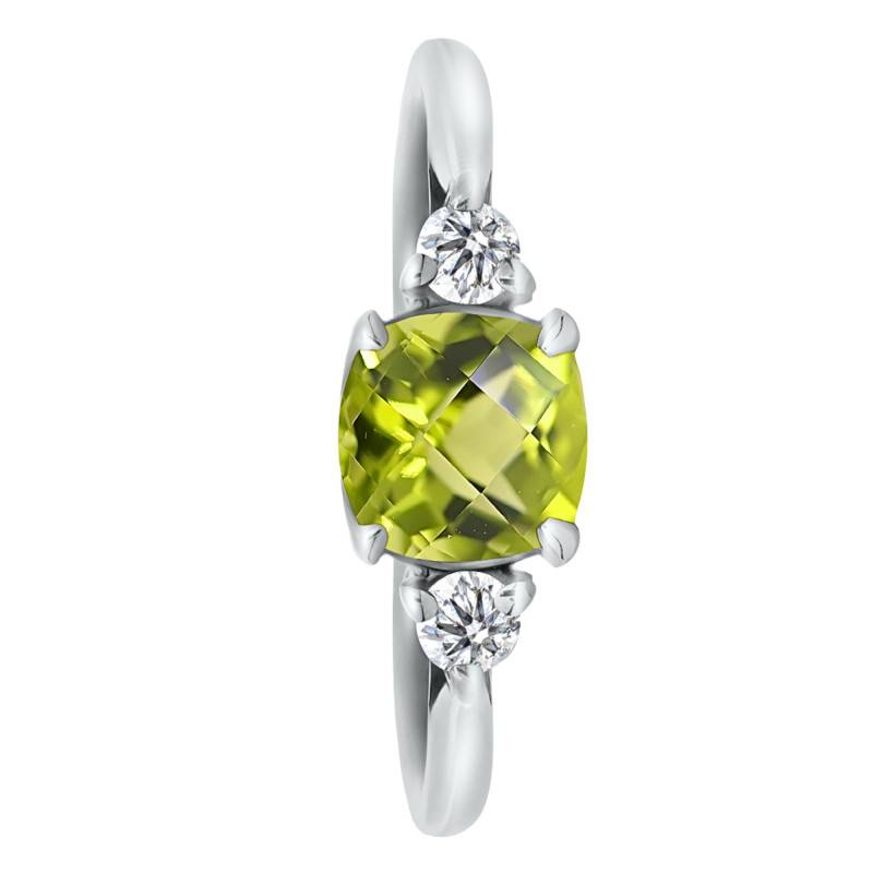 750/1000 White Gold Cushion Peridot & Lab-Grown Diamond 0.14 ct Shouldered Solitaire Ring, Size 53 - Ocarat