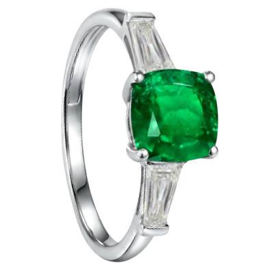 Bague Solitaire Épaulé, Émeraude de Synthèse & Diamants de Synthèse 0,50 ct, en Or Blanc 750, Taille 55 - Ocarat