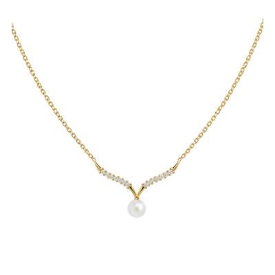 750/1000 Yellow Gold Pearl & Lab-Grown Diamond 0.23 ct Necklace, Adjustable Length 42 cm - Emanessence