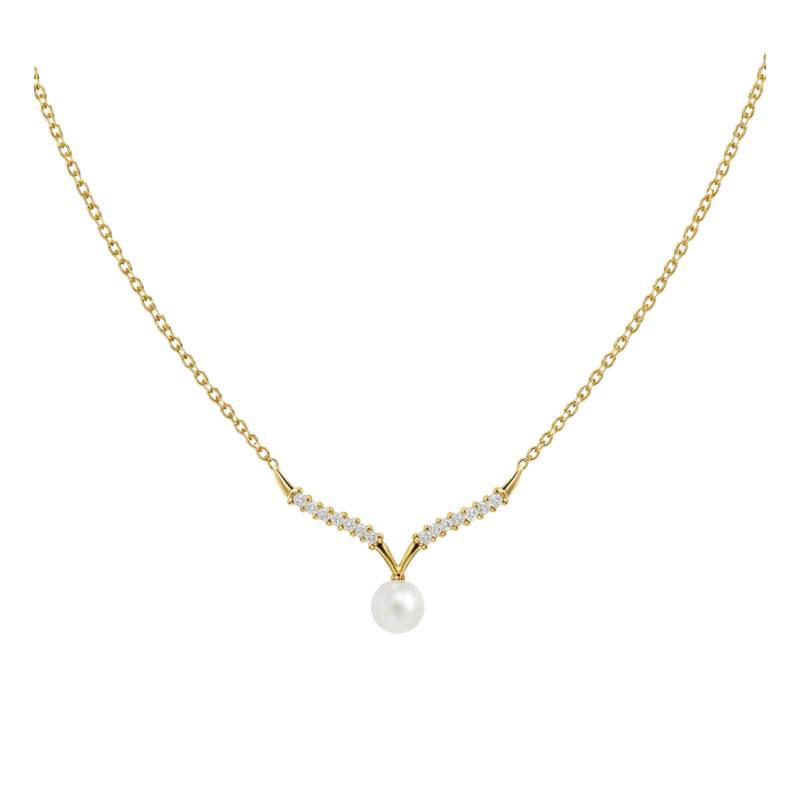 Collier Perle & Diamants de Synthèse 0,23 ct en Or Jaune 750, Longueur 42 cm Ajustable - Ocarat