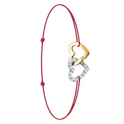 Cord Hearts Bracelet with Lab-Grown Diamond 0.20 ct in 750/1000 Two-Tone Gold, Adjustable Length - Ocarat