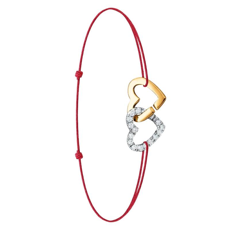 Cord Hearts Bracelet with Lab-Grown Diamond 0.20 ct in 750/1000 Two-Tone Gold, Adjustable Length - Ocarat