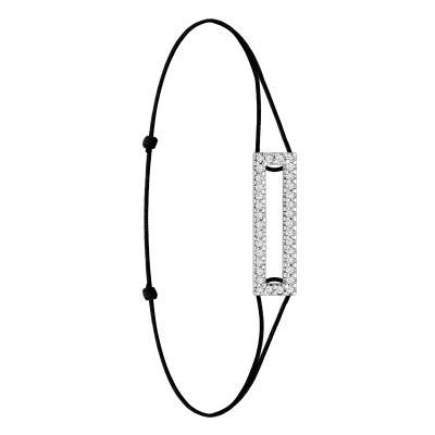 750/1000 White Gold Black Cord Bracelet with 34 Lab-Grown Diamonds 0,20 ct, Adjustable Length - Ocarat