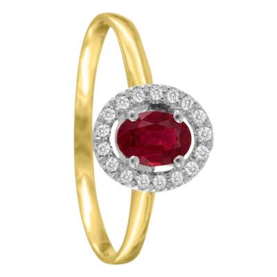 Solitaire Accompagné Rubis de Synthèse & 17 Diamants de Synthèse 0,12 ct en 2 Ors 750, Taille 54 - Ocarat