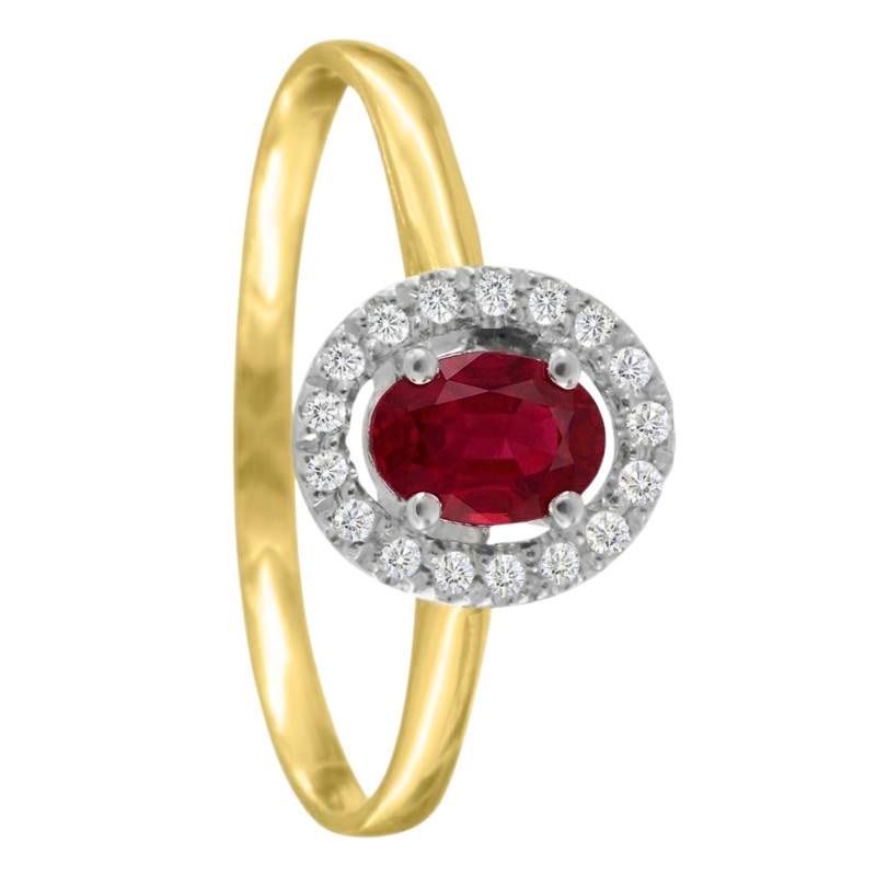 Solitaire Accompagné Rubis de Synthèse & 17 Diamants de Synthèse 0,12 ct en 2 Ors 750, Taille 54 - Ocarat