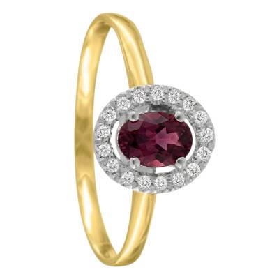 Solitaire Accompagné Rhodolite & 17 Diamants de Synthèse 0,12 ct en 2 Ors 750, Taille 54 - Ocarat