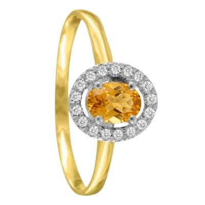 Solitaire Accompagné Citrine & 17 Diamants de Synthèse 0,12 ct en 2 Ors 750, Taille 54 - Ocarat